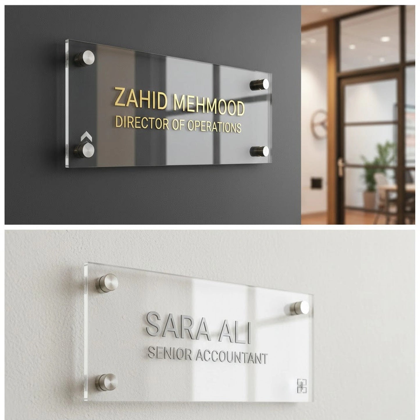 personalised acrylic office name plate gold silver text with designation or status for office or cabin entrance