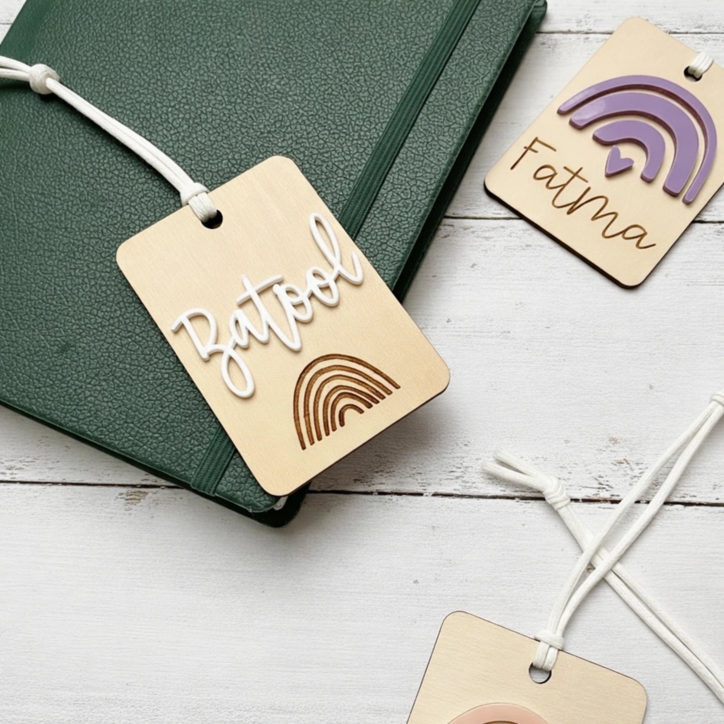 customised acrylic name bag tag for kids school bag in rainbow theme design