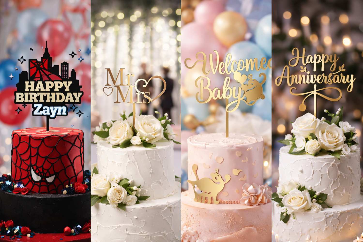 Cake toppers collection featuring personalized acrylic and wood cake toppers for birthday, wedding, nikkah, baby shower events celebrations