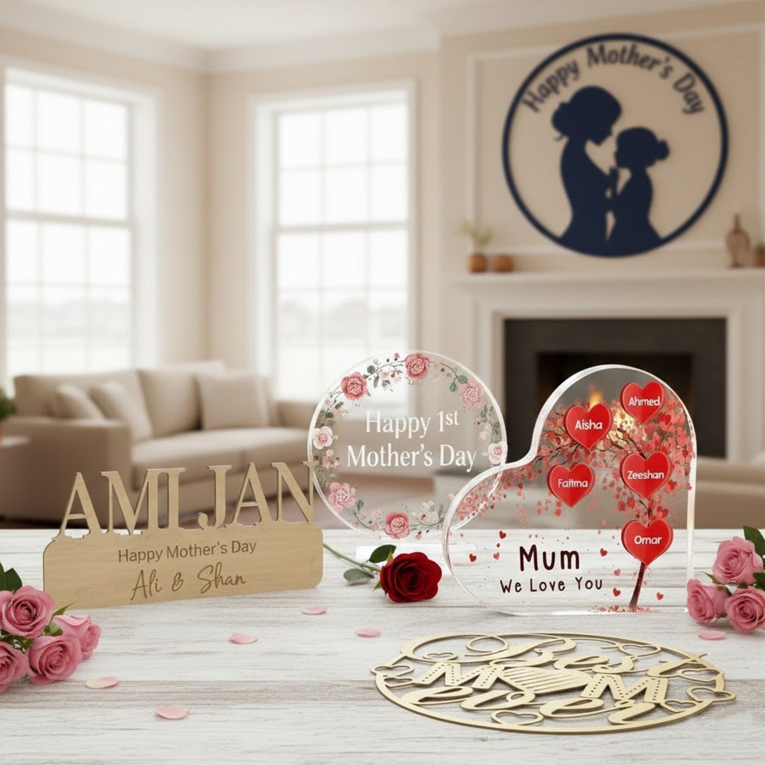 Mother’s Day gifts collection banner featuring personalized acrylic and wooden gifts for mom