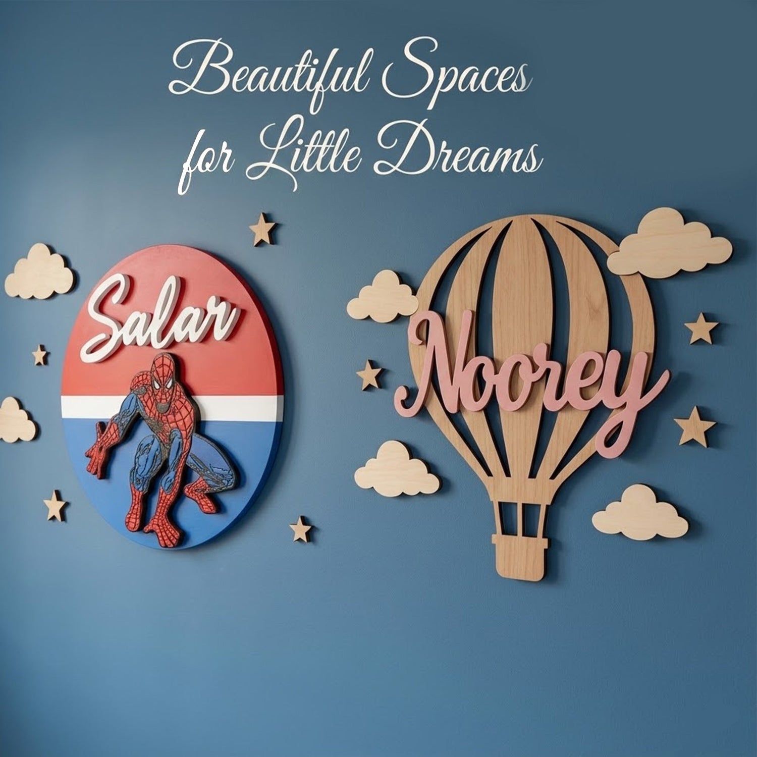 Nursery and kids room decor collection featuring personalized wall art and name plaques