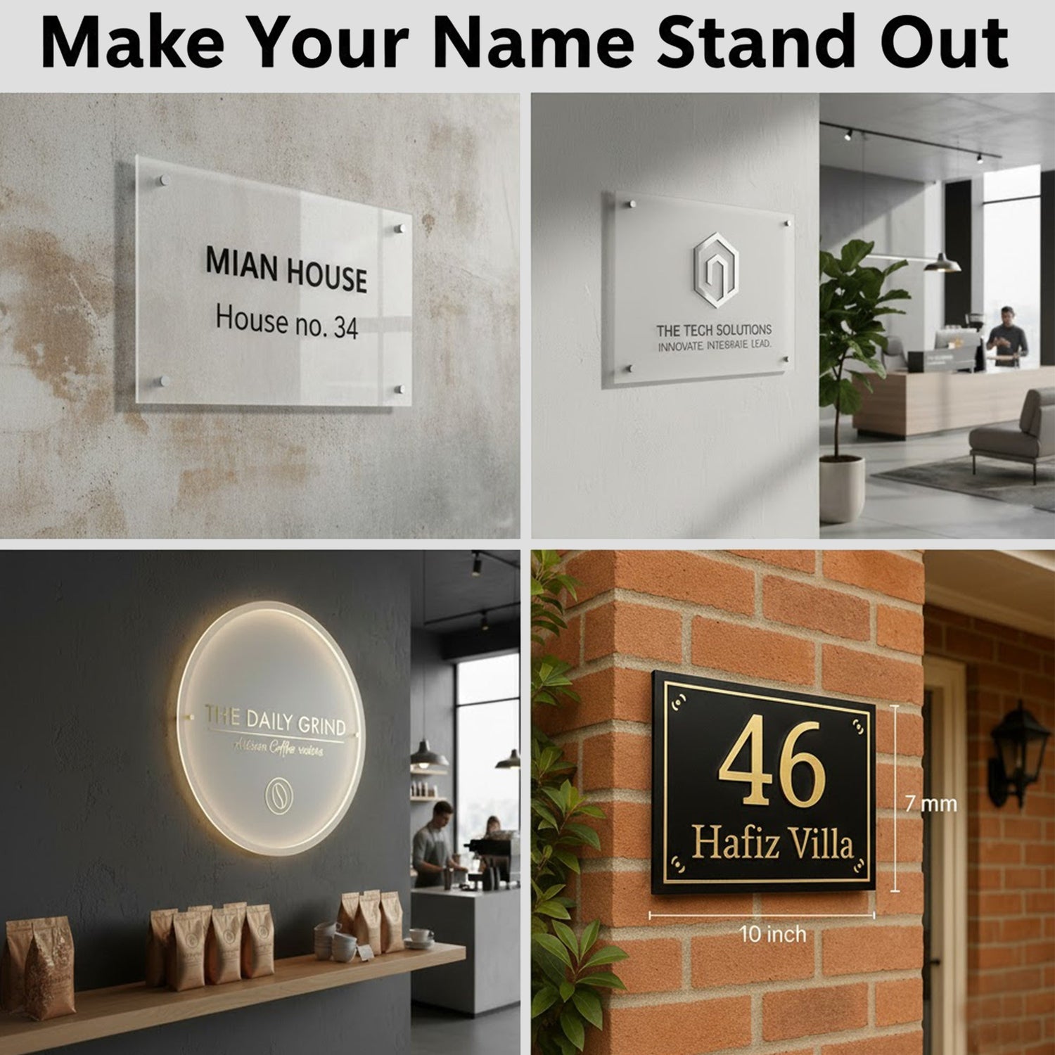 Acrylic signage and nameplates collection featuring personalized modern acrylic name boards