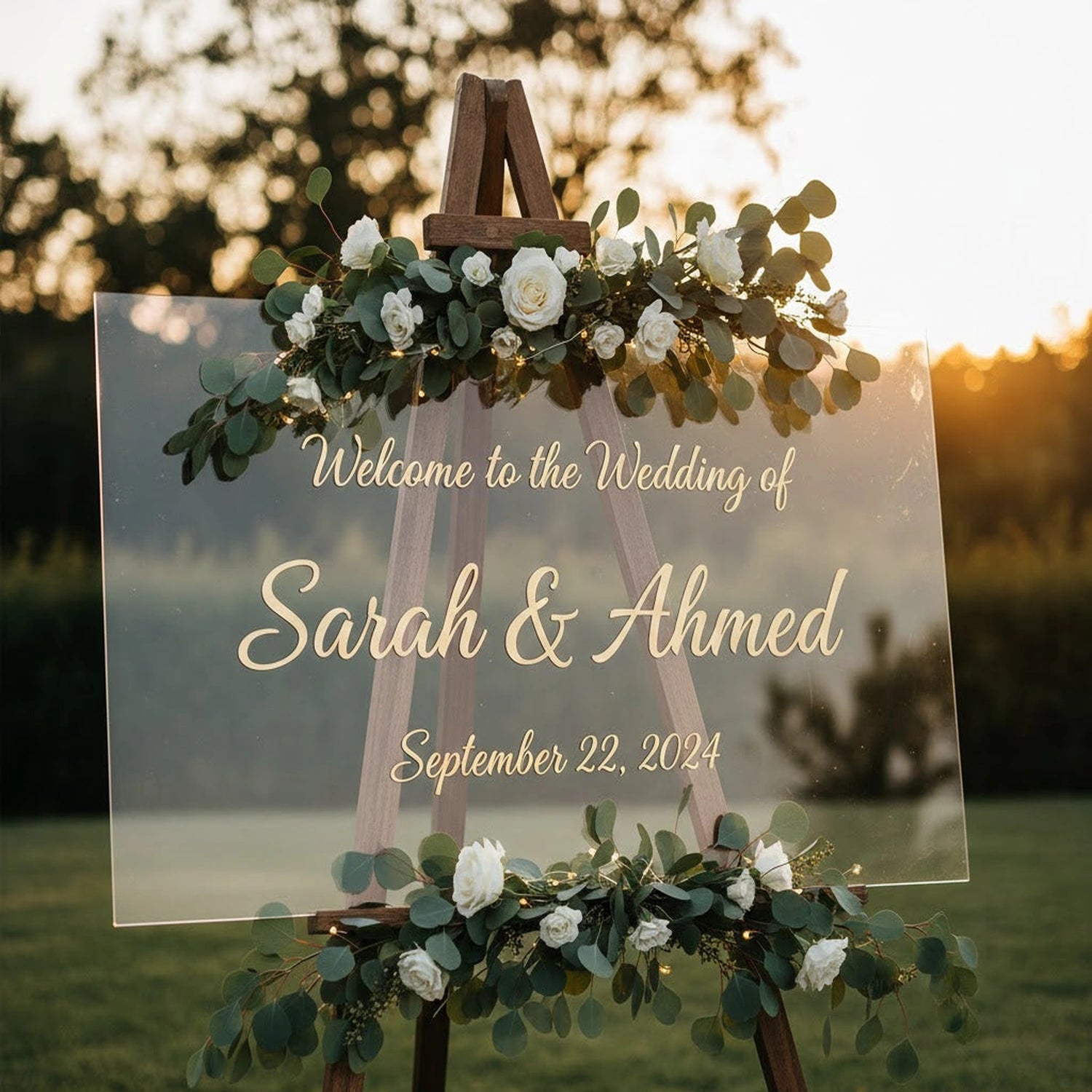 personalised acrylic couple name wedding welcome sign board in gold for events or celebrations