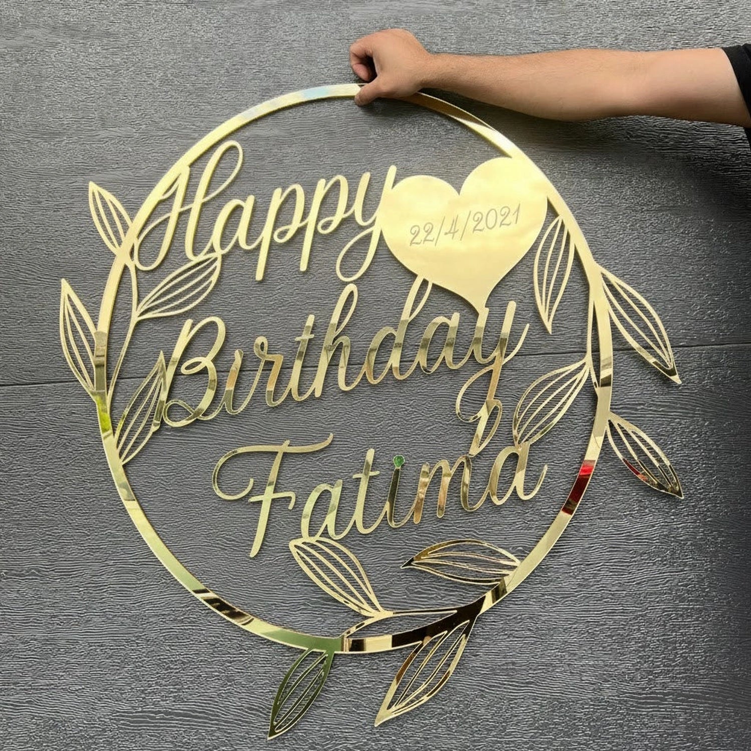 personalised acrylic happy birthday round sign in gold with date of birth for events and celebrations