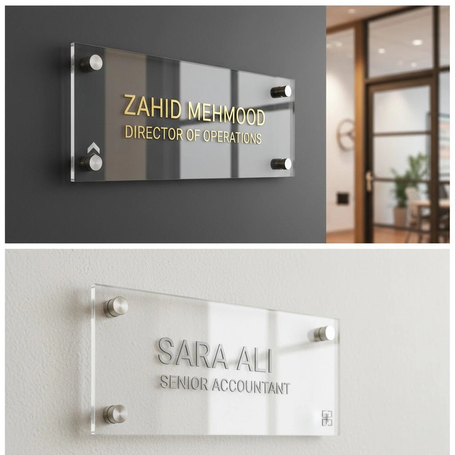 personalised acrylic office name plate gold silver text with designation or status for office or cabin entrance