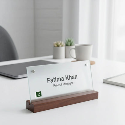acrylic office desk name plate with status or designation for modern office decor