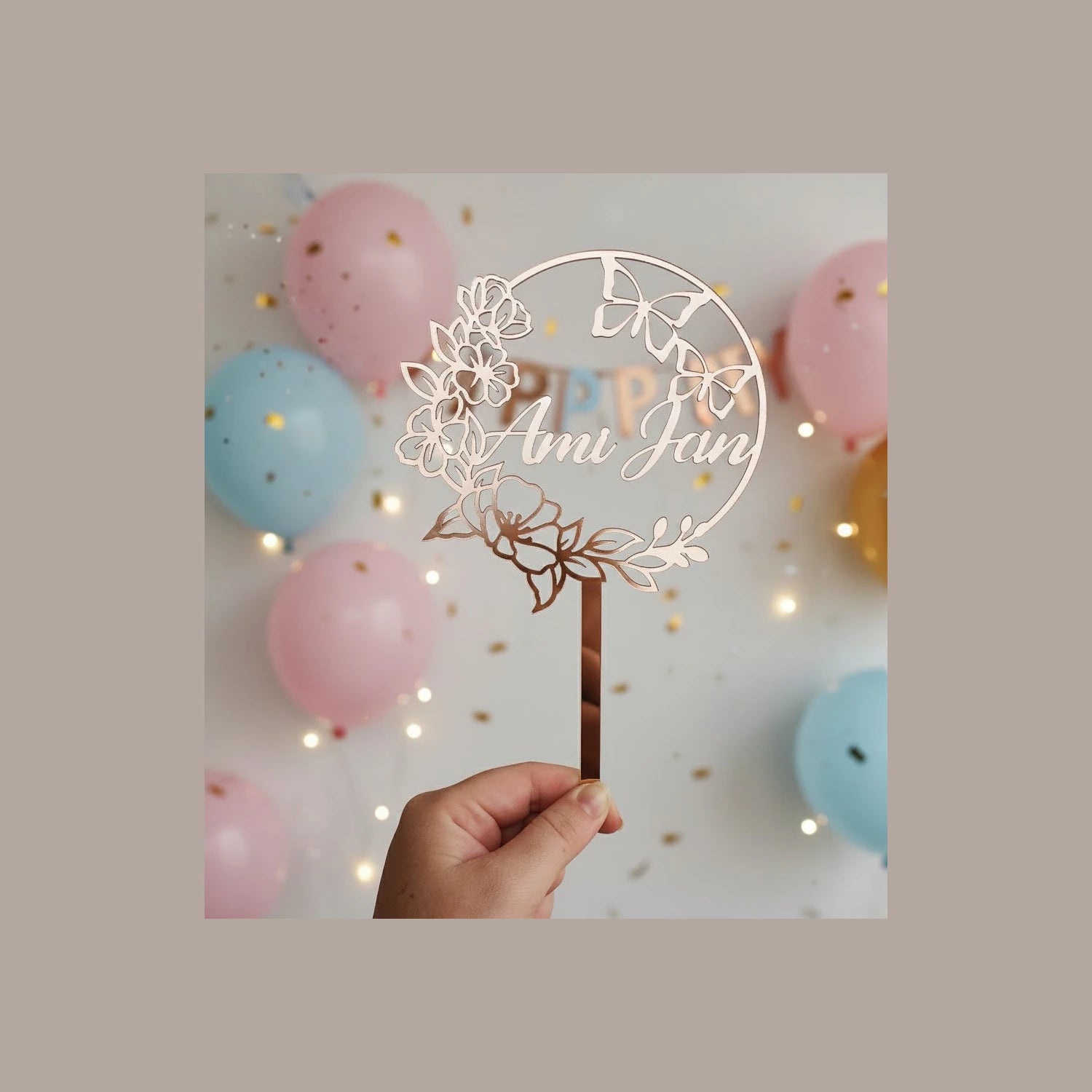 Butterfly themed acrylic birthday cake topper for celebration cakes