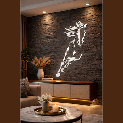 Custom acrylic wall decor featuring a silver horse design for modern home interiors