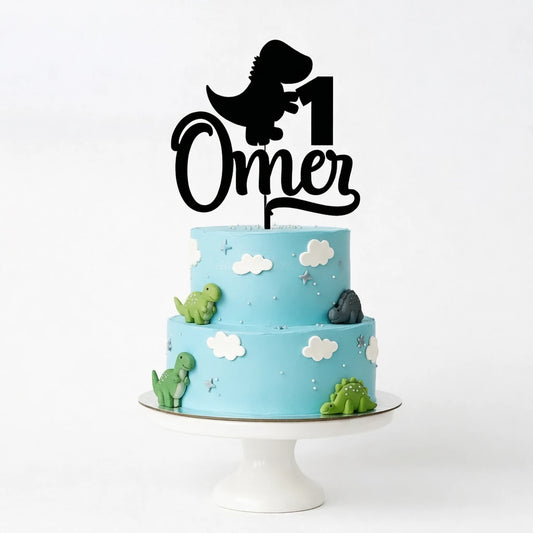 Personalised black acrylic dinosaur theme birthday cake with name and age