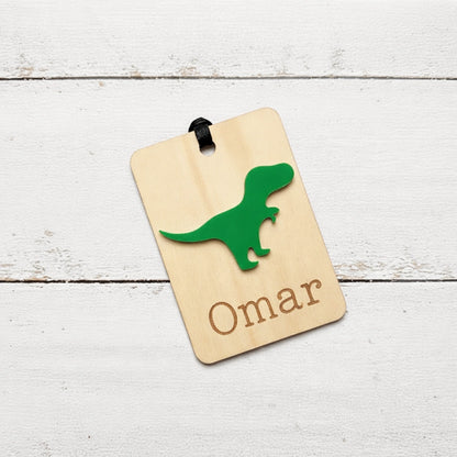 customised acrylic name bag tag for kids school bag in dino theme design