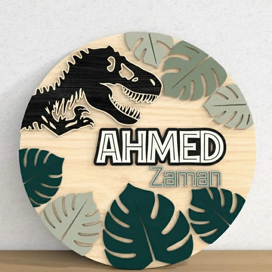 Personalized dinosaur theme name board for kids room wall decor