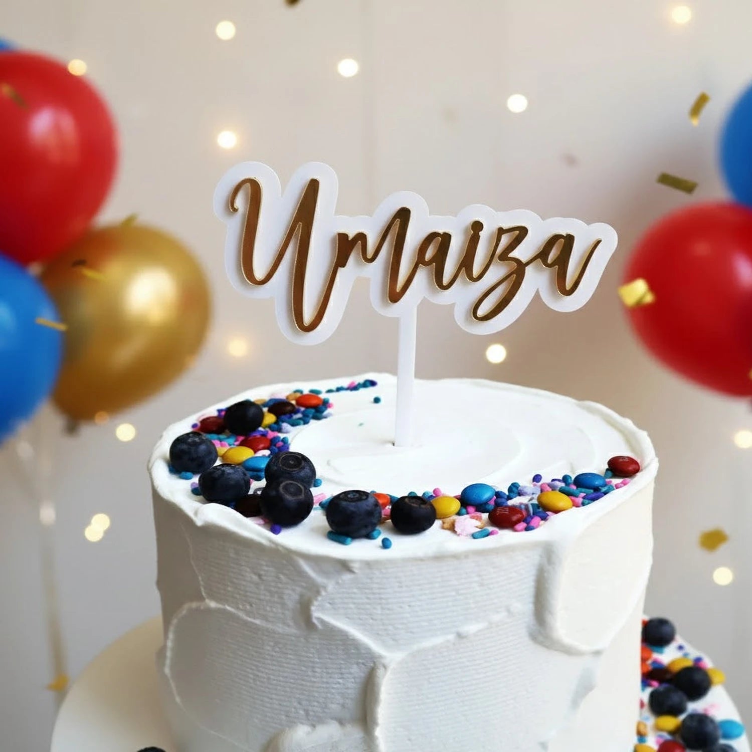 Cursive script name acrylic cake topper with modern design