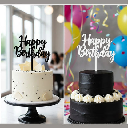 acrylic black and white happy birthday cake topper for birthday celebrations