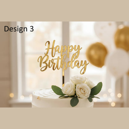 gold acrylic happy birthday cake topper for birthday celebrations for kids or adults
