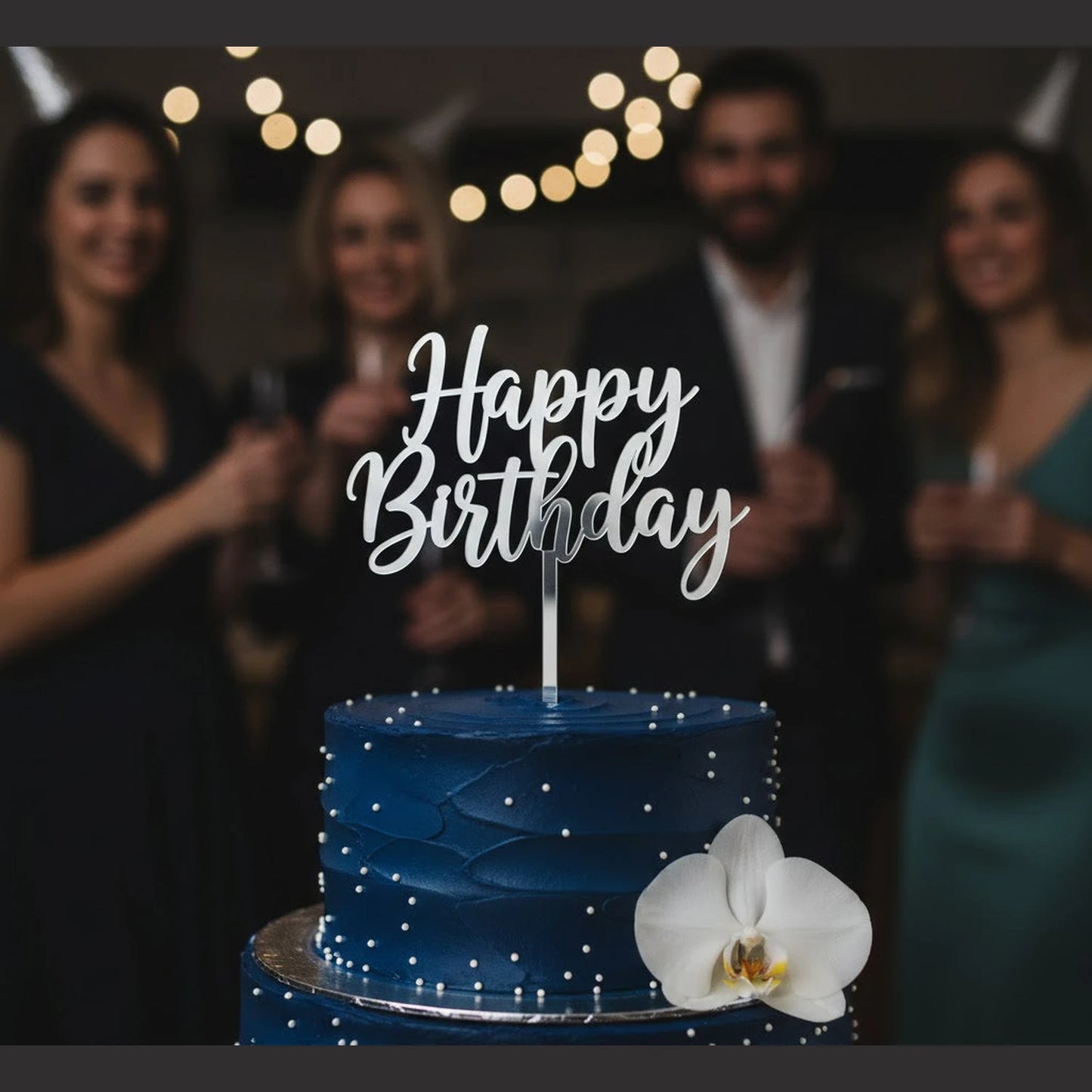 silver acrylic happy birthday cake topper for birthday celebrations