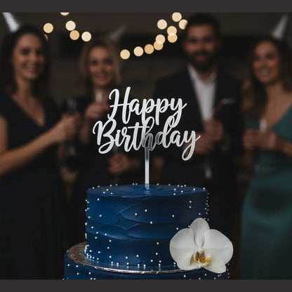 silver acrylic happy birthday cake topper for birthday celebrations