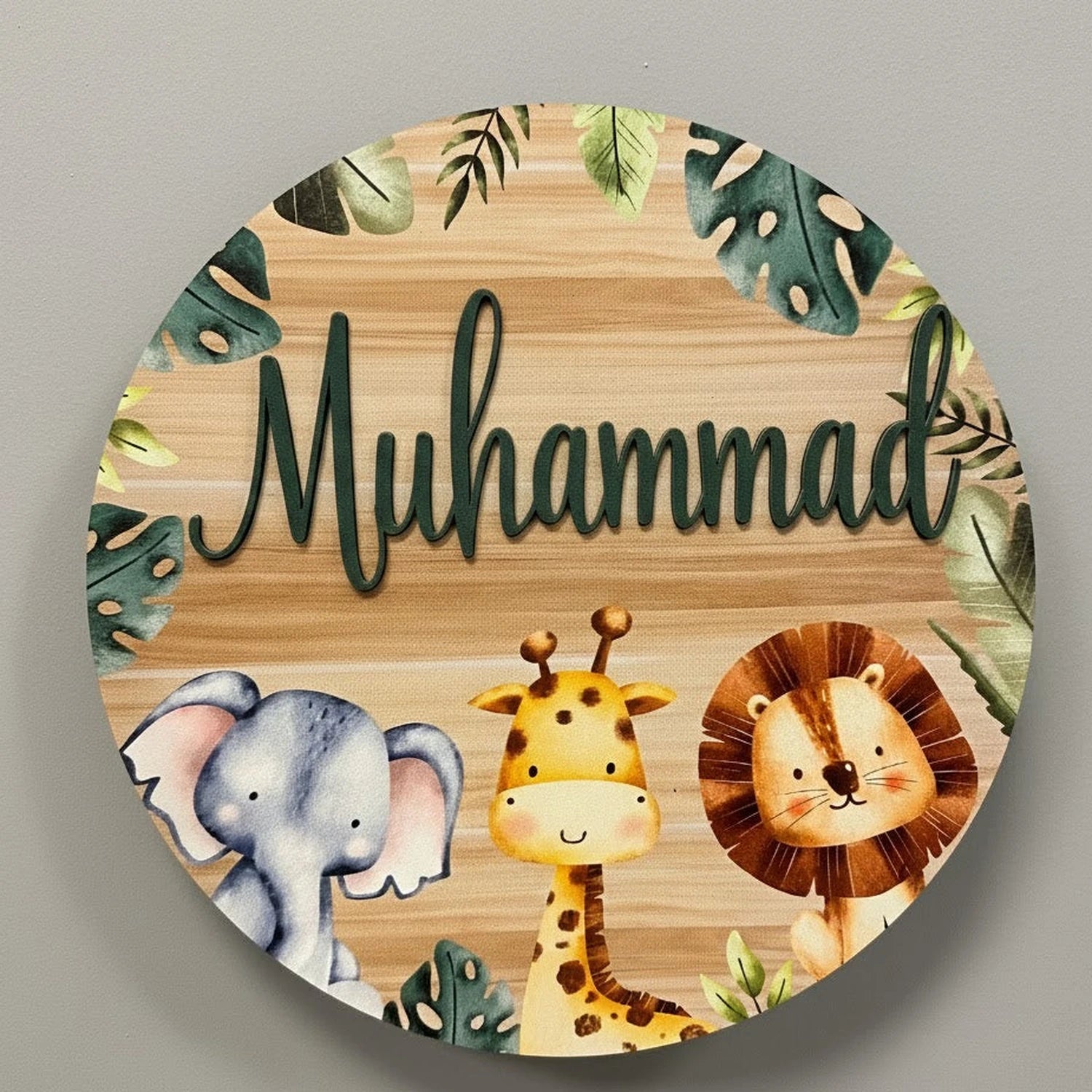 Personalized jungle theme name plaque with elephant giraffe lion for kids room wall decor