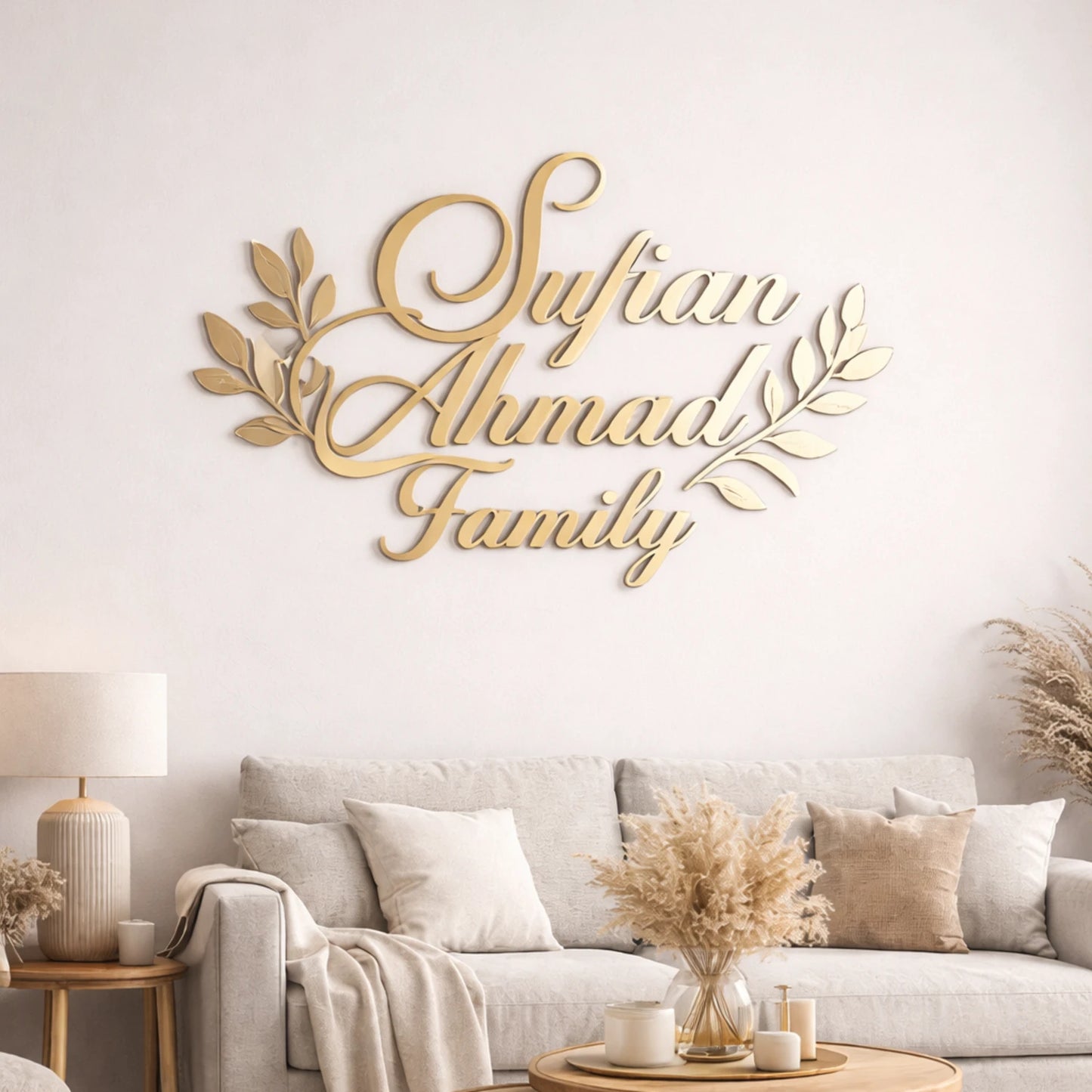 Personalised acrylic wall decor in Pakistan with custom family name, luxury golden wall art for living room home decoration