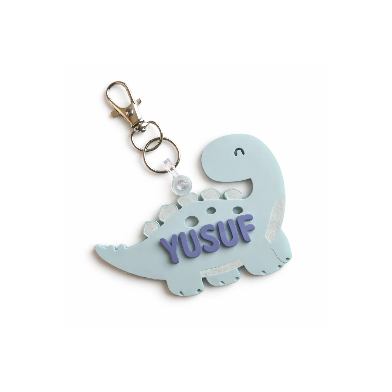 Blue dinosaur backpack tag with name, personalized acrylic stegosaurus bag tag for kids with keychain clasp
