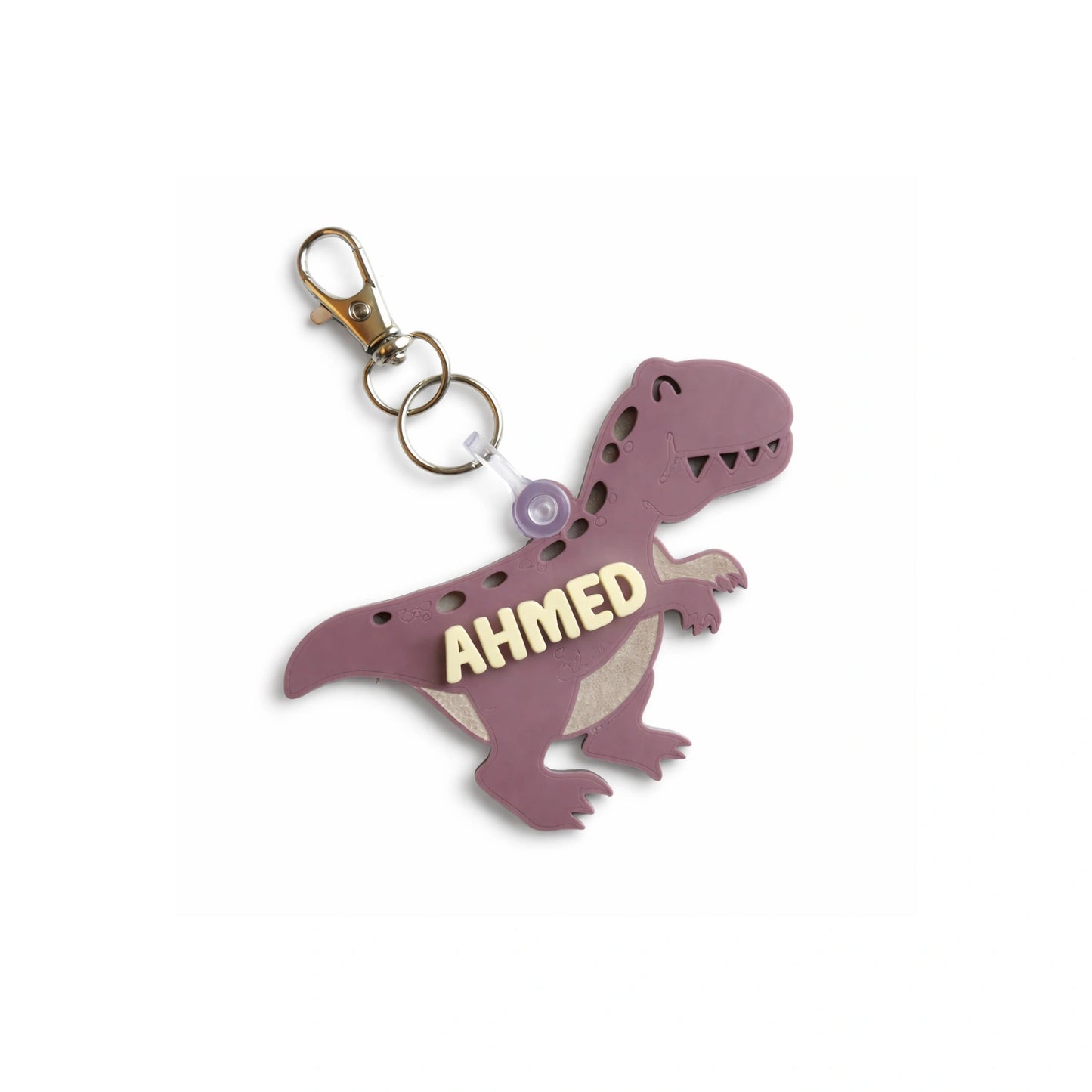 Purple dinosaur backpack tag with name, personalized acrylic kids bag tag with T-Rex design and metal keychain clip