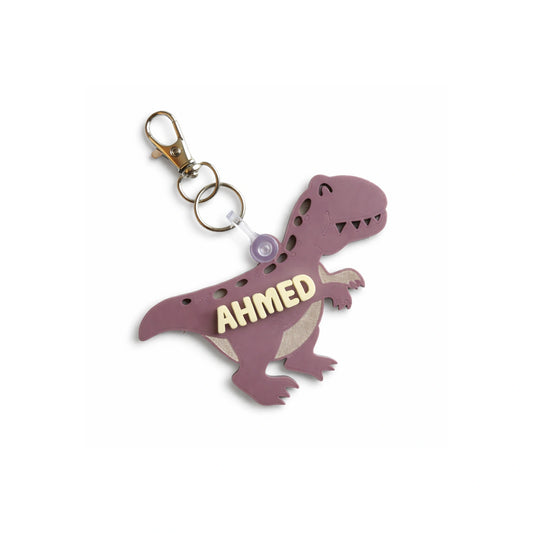Purple dinosaur backpack tag with name, personalized acrylic kids bag tag with T-Rex design and metal keychain clip