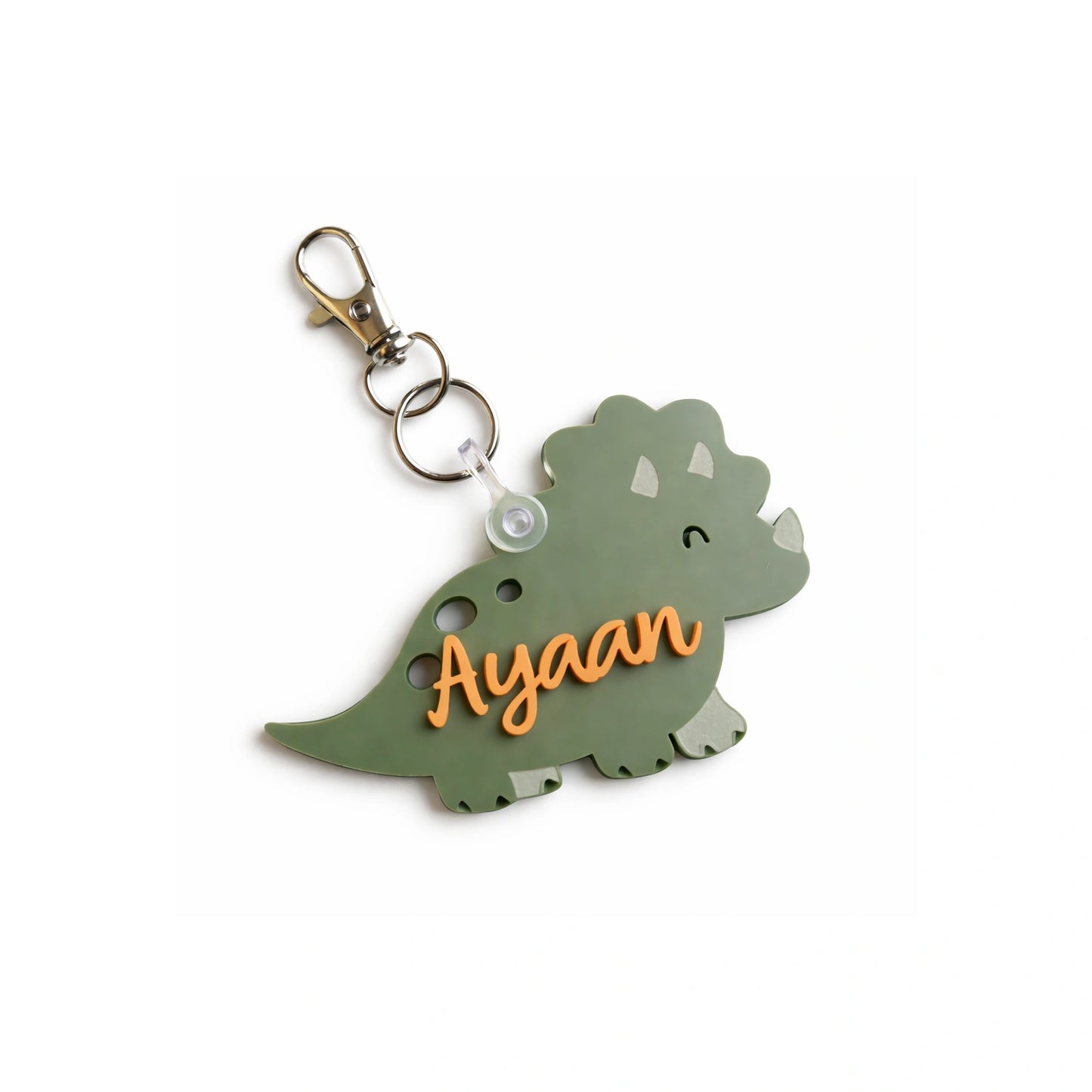 Green dinosaur backpack tag with name, personalized acrylic triceratops bag tag for kids school backpack