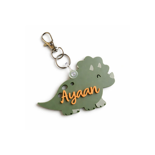 Green dinosaur backpack tag with name, personalized acrylic triceratops bag tag for kids school backpack