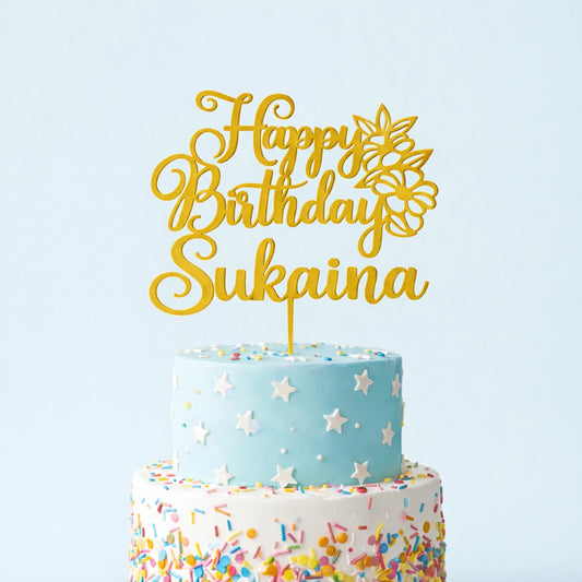 Acrylic happy birthday in gold with custom name option in floral theme