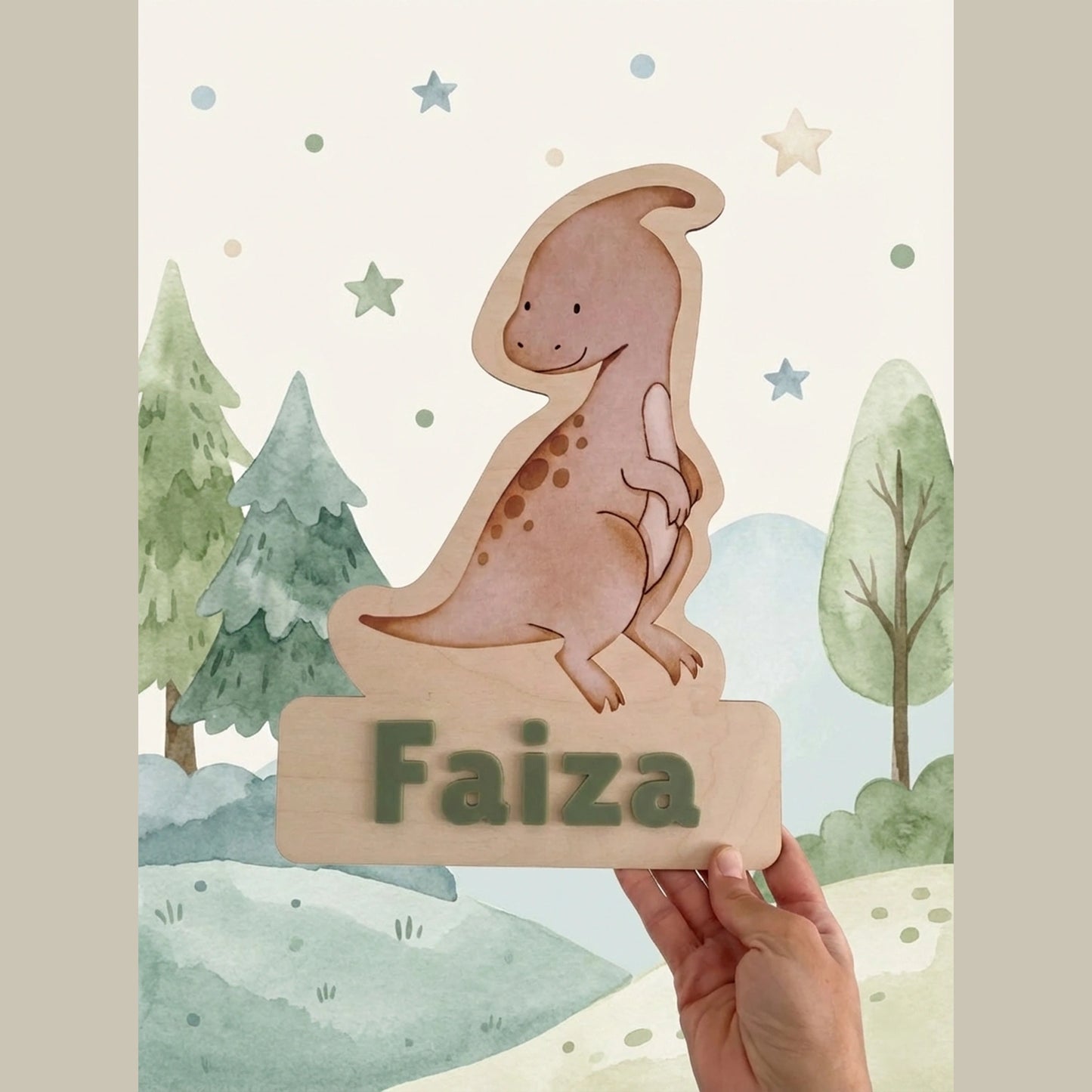 Personalized cute dinosaur name plaque with the name , wooden nursery wall decor for kids room, soft pastel dino theme baby room decoration