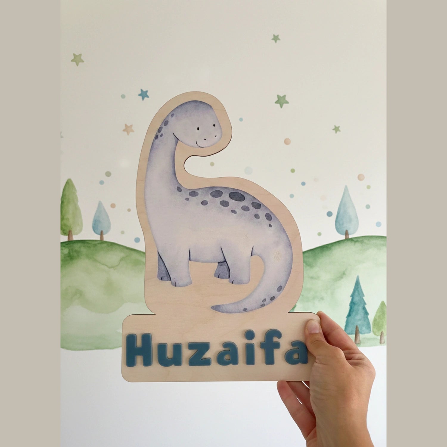 Personalized dinosaur name plaque with the name wooden nursery wall decor for kids room, cute dino theme baby room decoration