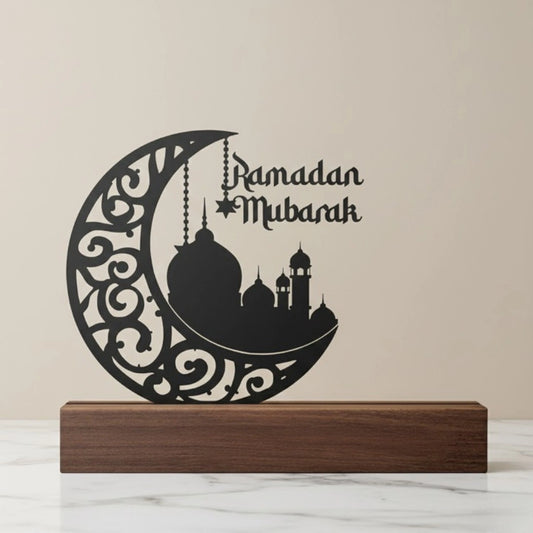 Personalised Ramadan Mubarak name plaque with crescent moon design on wooden base