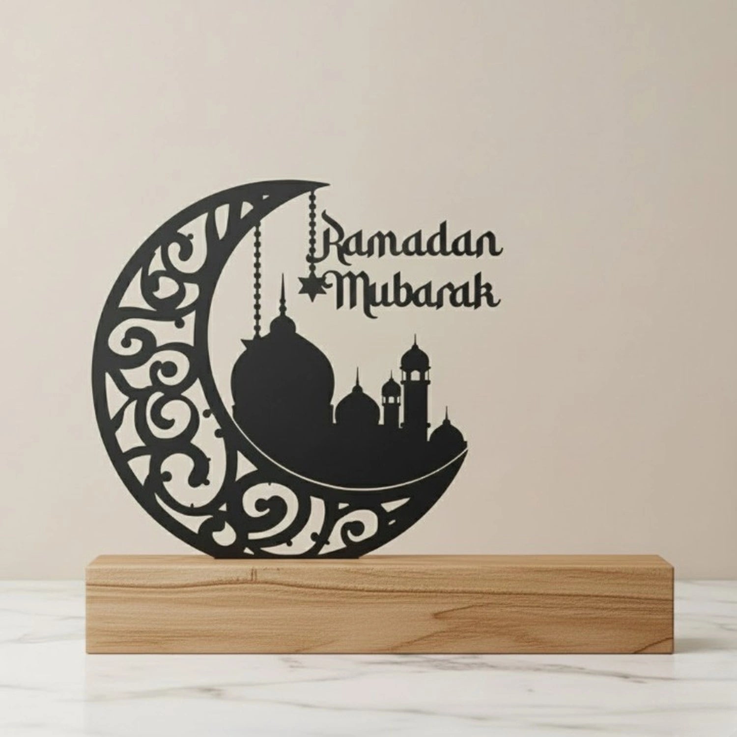 Ramadan Mubarak Islamic table decor plaque made from acrylic with wooden stand