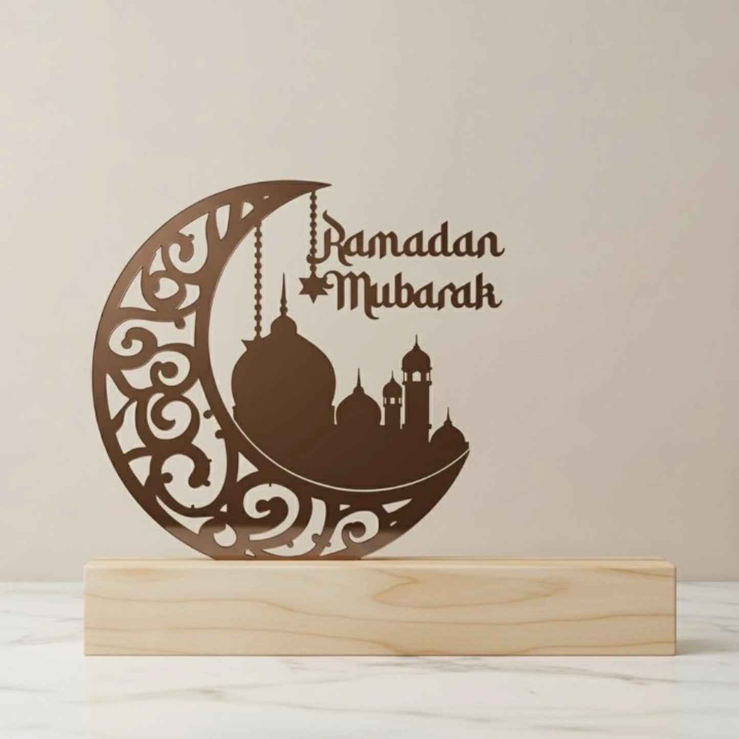 Custom Ramadan Mubarak plaque for home decor with mosque and moon design