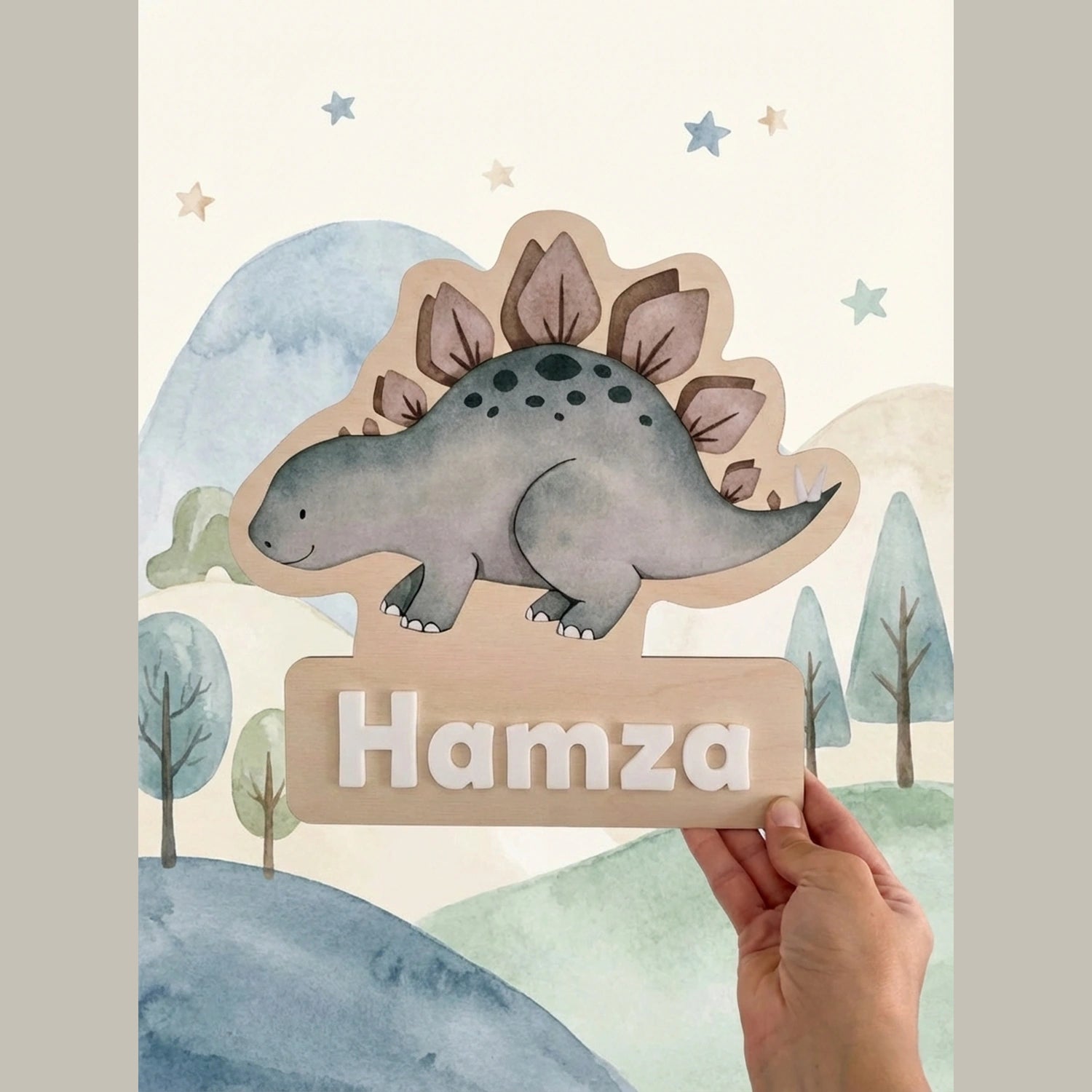 Personalized stegosaurus dinosaur name plaque with the name , wooden nursery wall decor for kids room, cute dino theme baby room decoration