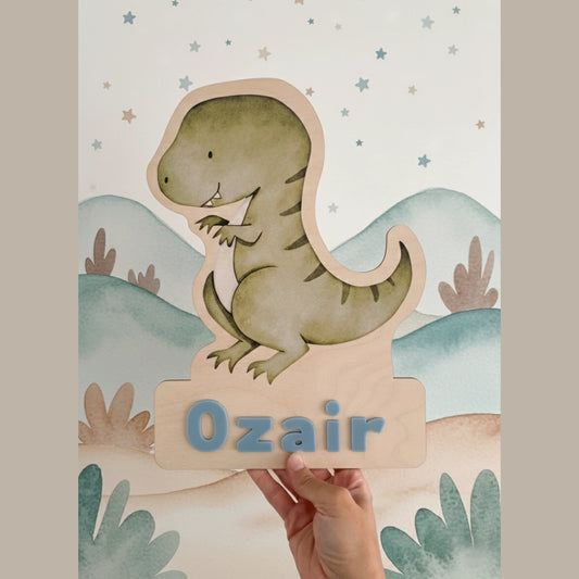 Personalized T-Rex dinosaur name plaque with the name ,wooden nursery wall decor for kids room, cute dino theme baby room decoration