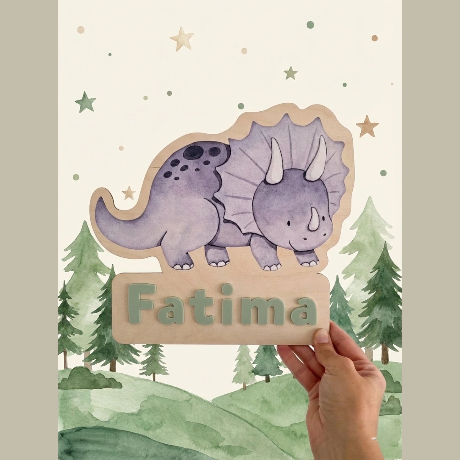 Personalized triceratops dinosaur name plaque with the name , wooden nursery wall decor for kids room, cute dino theme baby room decoration