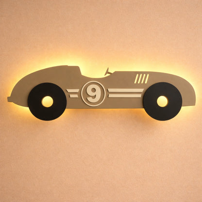 Wooden race car wall light with warm LED glow for kids room and nursery decor