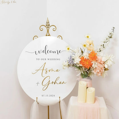 personalised acrylic welcome sign board in circle shape for wedding in golden text for events or celebrations