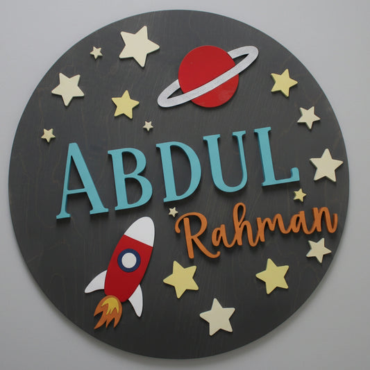 Personalized space theme name board with rockets and planets for kids room
