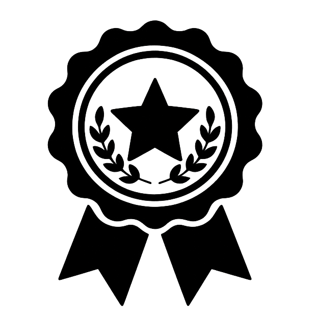 Black and white icon of a badge with a star and laurel wreath on a white background