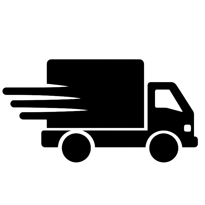 Black silhouette of a delivery truck on a white background showing shipping details
