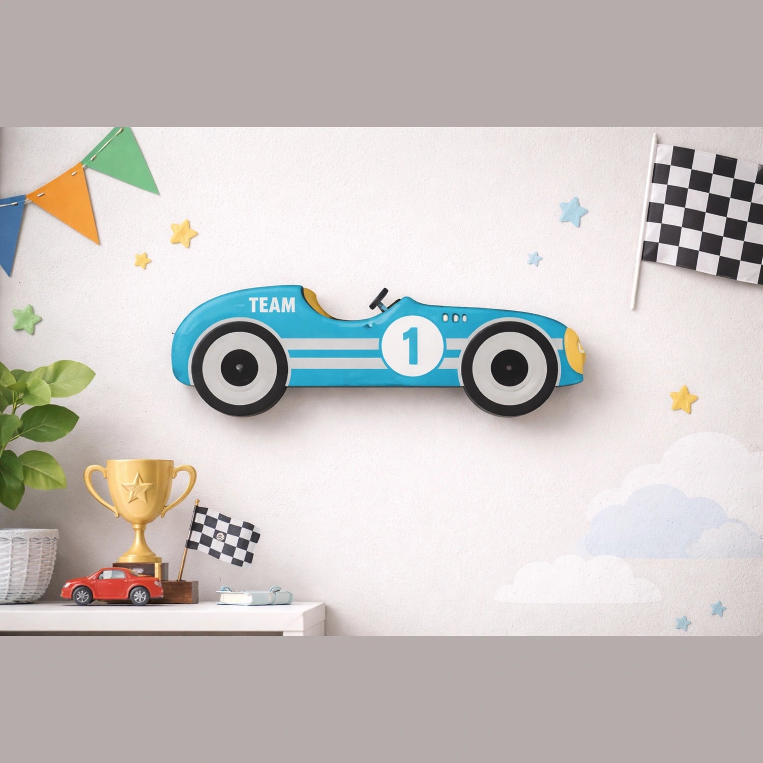 Handmade wooden race car wall hanging for kids bedroom decor
