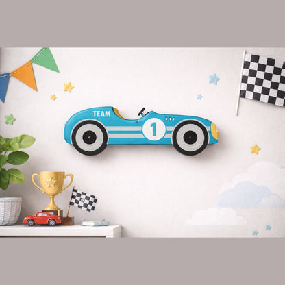 Handmade wooden race car wall hanging for kids bedroom decor
