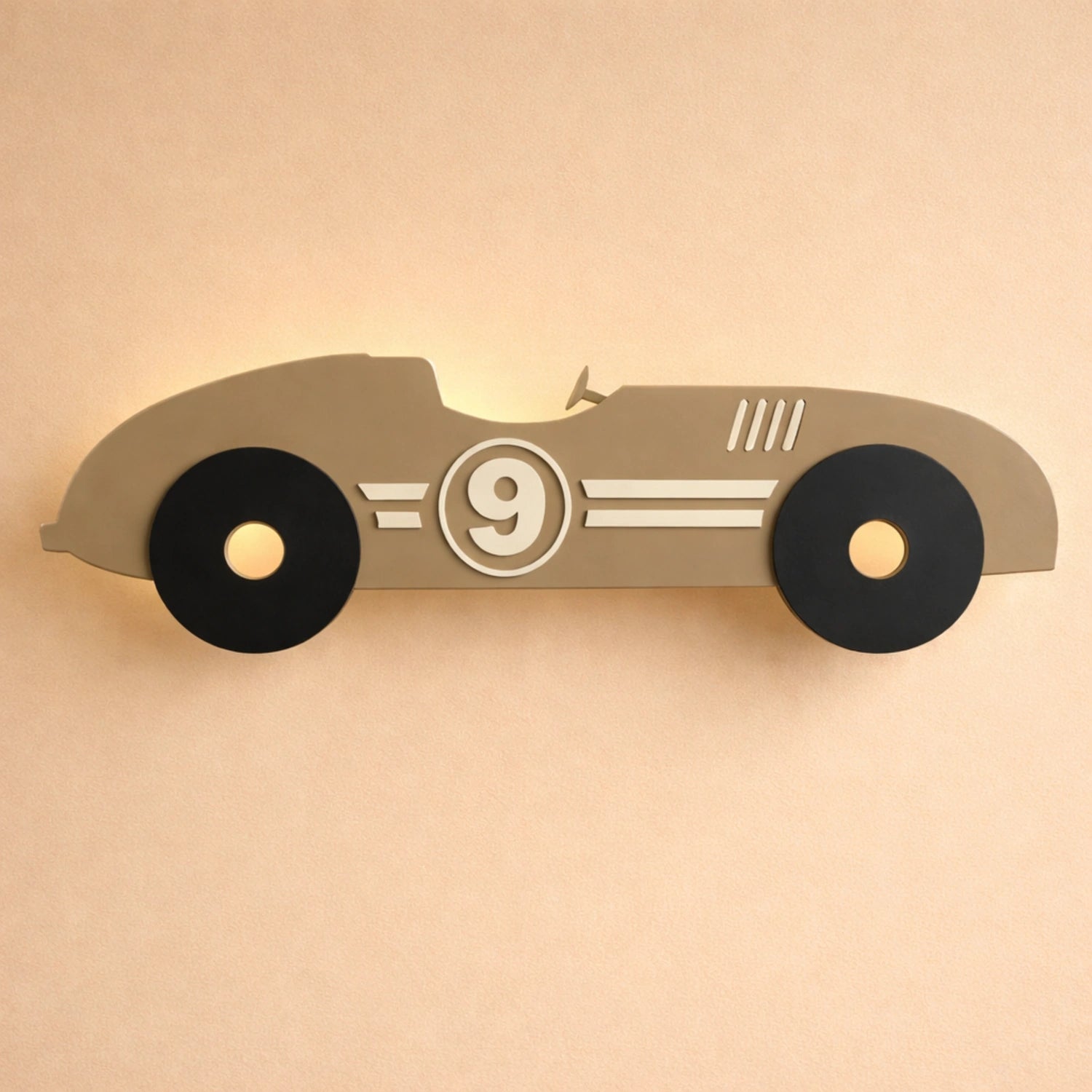 Minimal wooden race car wall decor for nursery and kids bedroom, car themed wall art