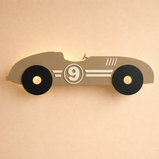 Minimal wooden race car wall decor for nursery and kids bedroom, car themed wall art