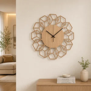 3D Cube Wooden Wall Clock | Geometric Flower Home Decor