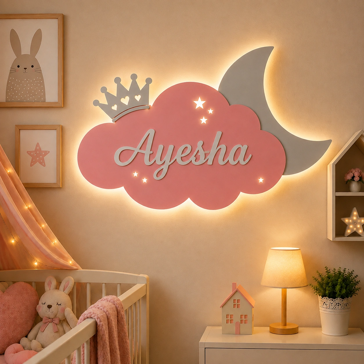 Personalized cloud moon name night light with crown and stars for nursery