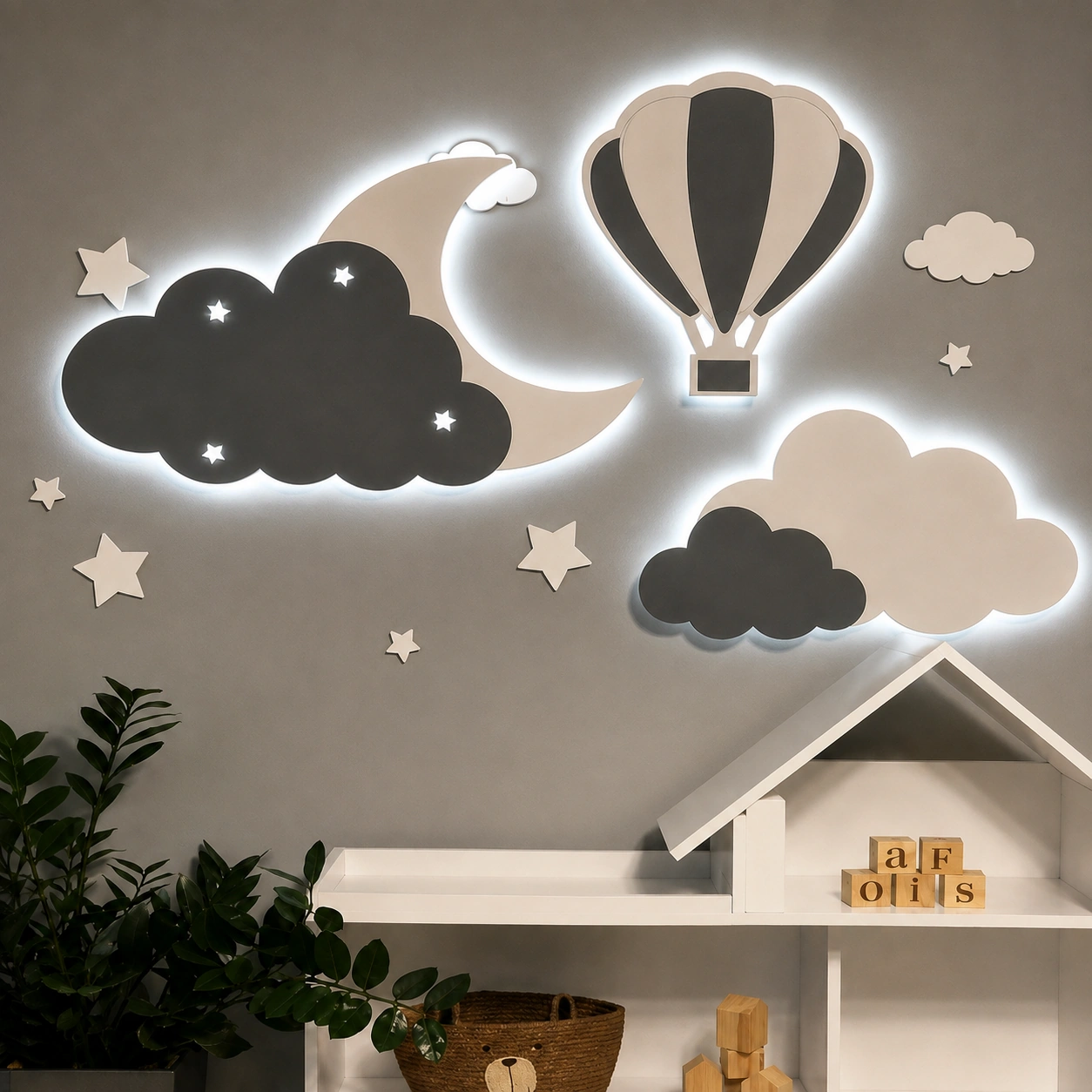 Cloud moon and hot air balloon LED wall light set with pull chain for nursery