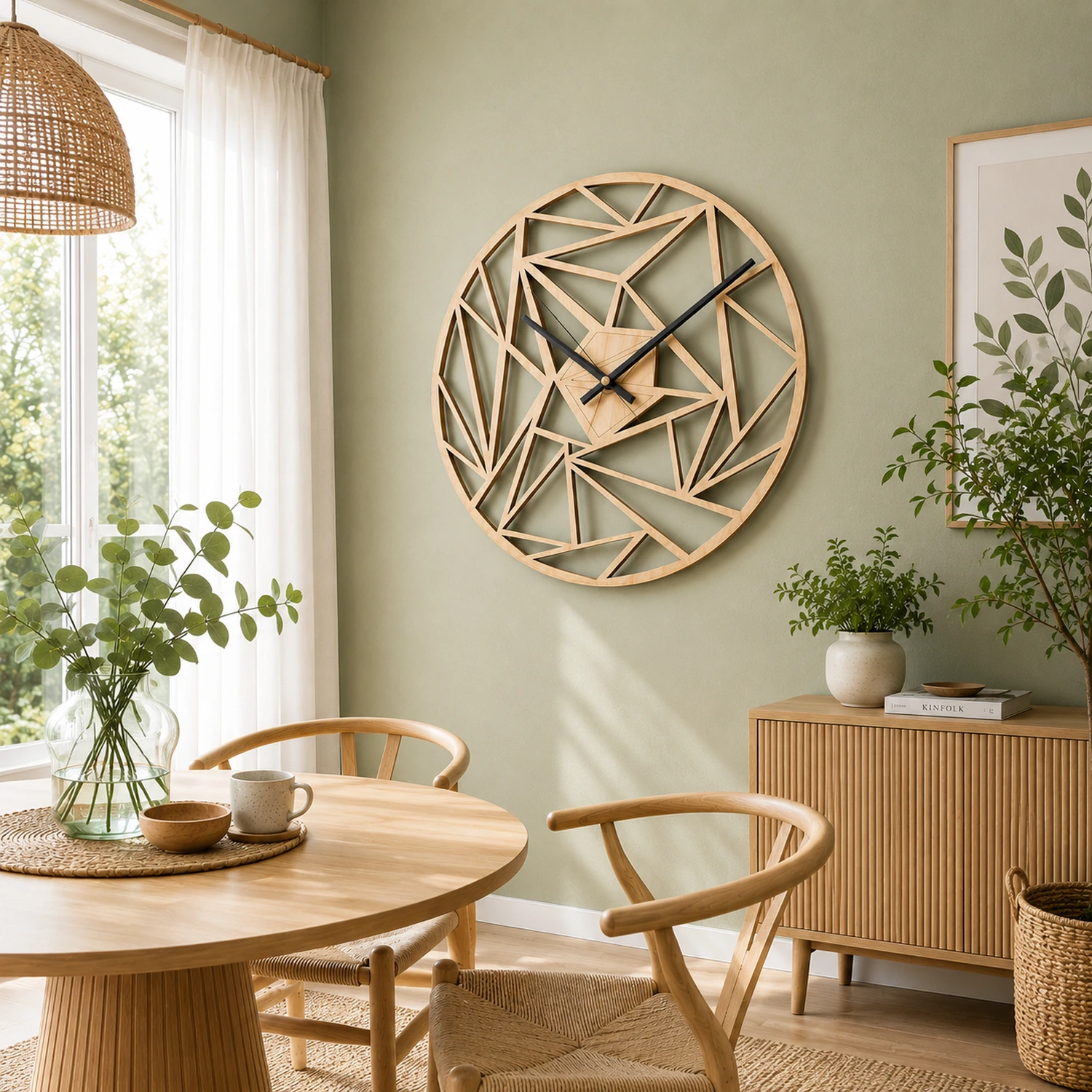 Natural wood geometric origami wall clock with intricate triangular pattern