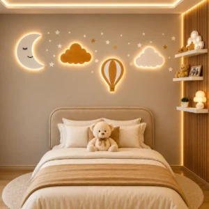 Moon Cloud Hot Air Balloon LED Night Light Set | Wooden Wall Decor Lamp for Nursery & Kids Room